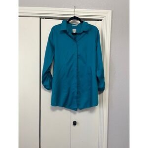 Chicos No Iron Button Down Tunic Shirt Teal Blue 3/4 Sleeve Size 2 Large